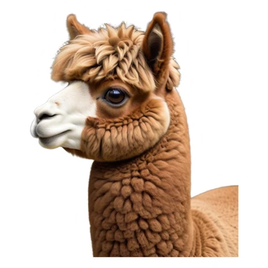 Cinematic Noble Brown Alpaca Portrait Emoji, Poised and regal, with a sturdy, graceful build and a rich, well-groomed brown fleece, deep-set soulful warm eyes, Simplified yet sharp and sophisticated features, highly detailed, glowing with a soft, dignified glow, high shine, intelligent and serene, stylized with an air of pastoral elegance, focused and attentive, soft glowing outline, capturing the essence of a watchful and confident companion, so majestic it feels as though it could stride out of the screen with effortless authority! sticker