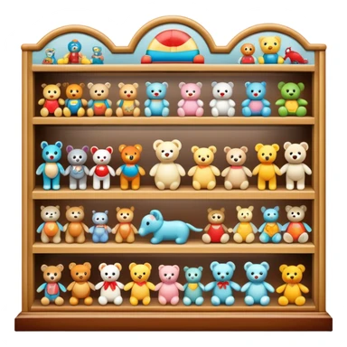 Icon for Toy Collecting: a collection of various vintage toys such as dolls, action figures and plush animals, displayed neatly on shelves or in display cases. The icon should evoke the joy and nostalgia of collecting toys. Transparent background. sticker