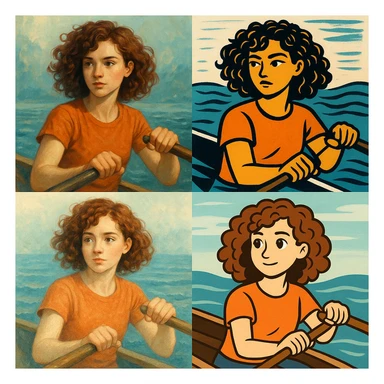 kıvırcık saçlı, kürek çeken kız, farklı stillerde sticker