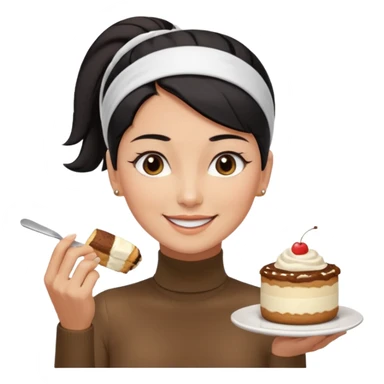  tan skin woman with long face, and short black hair slicked back ponytail with forehead showing, white headband, wearing white turtleneck shirt, eating tiramisu smiling with middle parted hair sticker
