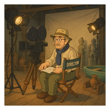 ghibli style movie set with director, spotlights, and props sticker