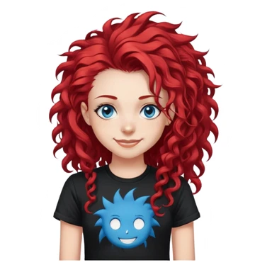 smiling punk-girl with long curly red hair and blue eyes, in a black punk t-shirt sticker
