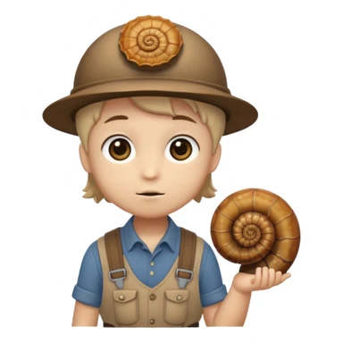 Shelly has a small, chibi-style body with a large ammonite-shaped head that looks like a beige fossil shell. One side of her head has a dark opening, making it clear she isn’t human. Her face is simple and soft, with big round eyes. She wears a brown suspender outfit over a lighter shirt sticker