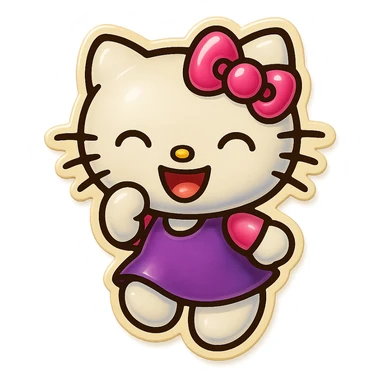 hello kitty sticker style, white head, pink bow, laughing expression, purple dress sticker