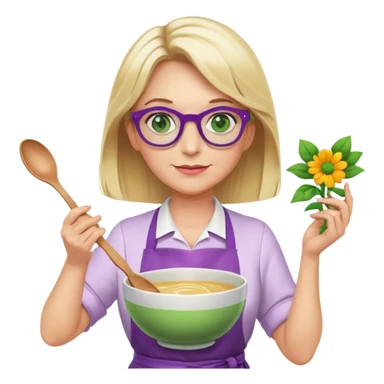 middle aged woman with shoulder length blonde hair, purple glasses, green eyes, flower apron, holding a bowl and mixing spoon sticker