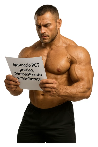 BODYBUILDER CHE LEGGE UN FOGLIO CON LA SCRITTA "approccio PCT preciso, personalizzato
e monitorato" sticker