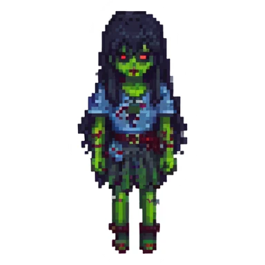 a zombie girl with black long hair and bangs, pixel art style, retro, 8-bit sticker
