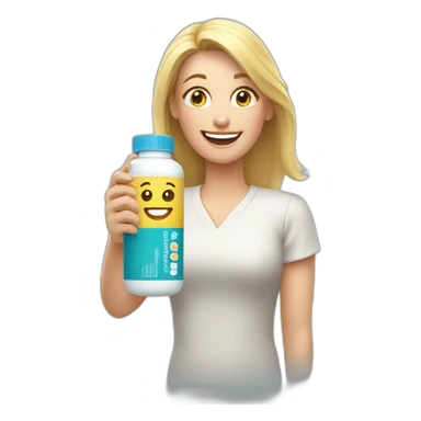 Happy blonde Mom holding iburprofen pill bottle sticker