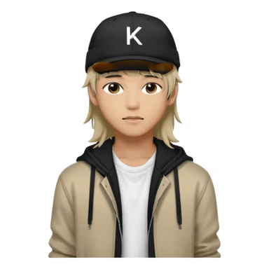 Portrait of a male K-pop idol, wearing a stylish streetwear outfit with layered clothing, long hair with bangs, makeup, wearing a black cap sticker