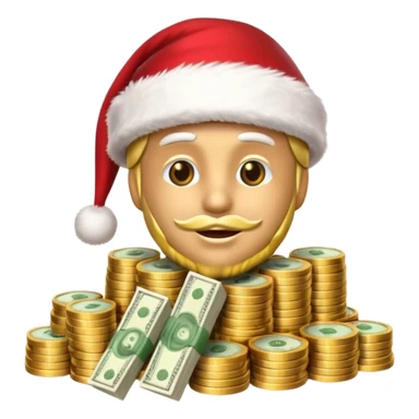 A confident rich emoji face wearing a Santa hat, money stacks, casino vibe, New Year theme, premium 3D emoji style, sharp details, no text, isolated on transparent background sticker