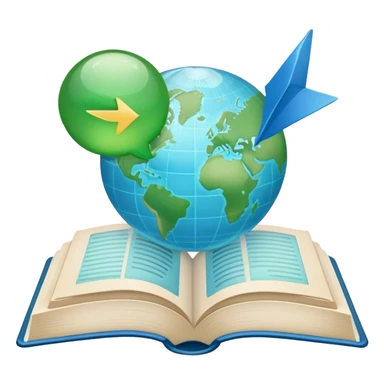 Create an emoji representing language translation. The design should feature an open book or a document with text in multiple languages (e.g., English, Spanish, Chinese), and a translation icon (such as an arrow between two languages) to symbolize the process of converting text. Include elements like a globe or a speech bubble to represent global communication. Use clear, simple lines and a color palette with blues, greens, and subtle neutral tones to convey the idea of clarity and understanding. Make the background transparent. sticker