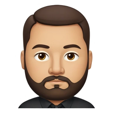 Very stocky businessman in his 40s with light brown skin, pear-shaped face (wider at bottom), full cheeks, medium dark brown eyes, thick eyebrows, wide nose, professional expression, short full beard, short dark hair, wearing a black button-up shirt sticker