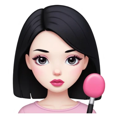 Girl with black hair and pale skin with pink lips and blush sticker