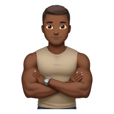Adult male, dark skin, muscular build, confident smirk, arms crossed, sleek modern casual clothing, assertive pose, strong silhouette, bold shading. sticker