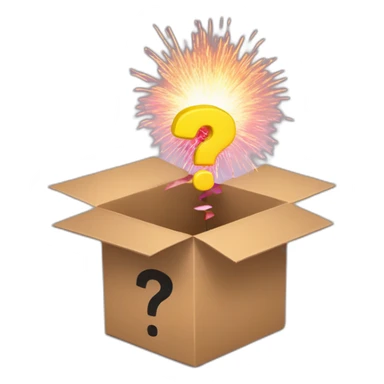 an open box with a firework coming out and a question mark in the middle sticker