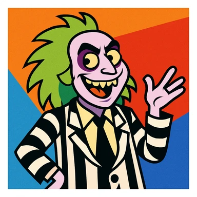 Beetlejuice character, wild striped suit, green hair, mischievous grin, cartoon style sticker