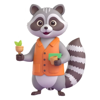 3D raccoon, standing, holding a small object, friendly look sticker