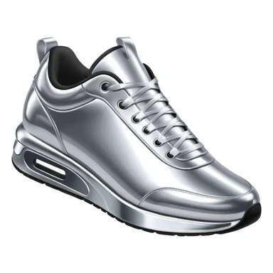 A pair of futuristic sneakers emoji made of silver chrome, sleek streetwear design, smooth metallic panels, subtle reflections, luxury swag aesthetic, iOS emoji style, centered, clean white background sticker