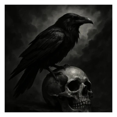 gothic black raven perched on a skull, dramatic sticker