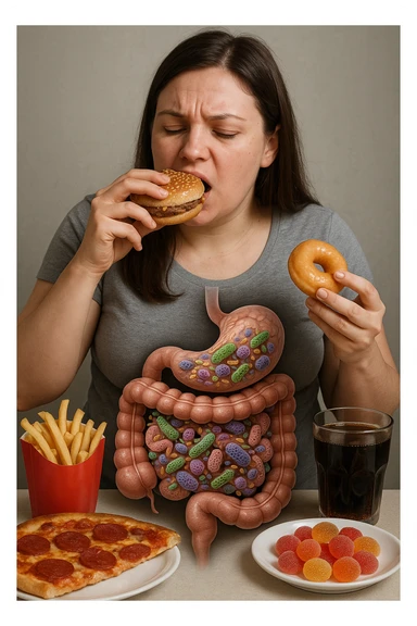donna con batteri cattivi pieni nel suo intestino immagini realistiche mangia alimentazione ricca di glutine e zuccheri alimentando tutti i batteri cattivi sticker
