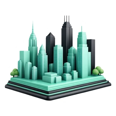 Urbanisme & Aménagement (Urban Planning), 3D techy icon with black and mint green (#B5F4D3) color scheme, city skyline with blueprint sticker