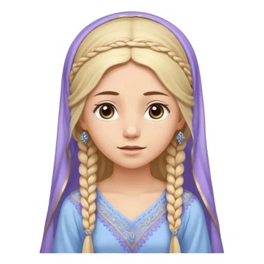 
mujer, Joven, de aspecto dulce y elegante.
Piel clara, ojos grandes y expresivos, sonrisa triste.
Rubio o castaño claro, largo, con trenzas o velo.
Vestido largo hasta los pies de tonos suaves (blanco, azul o lavanda), con bordados dorados; toca fina cubriendo la cabeza. sticker