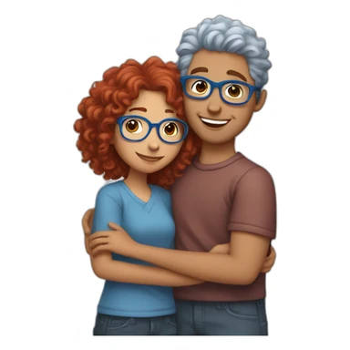 a girl with red curly hair and blue glasses hugging a boy with gray hair sticker