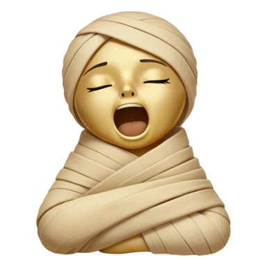 Cinematic Cute Yawning Mummy Portrait Emoji, with a snug, slightly askew bandaged form in warm, faded tones with gentle golden accents, head tilted back in a big, sleepy yawn revealing cute hints of ancient charm, simplified yet adorably detailed, glowing with a soft, nostalgic radiance and a gentle outline that captures a mummy’s tender need for rest! sticker