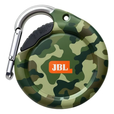 Minimal JBL Clip 4 with proper circular form, carabiner clip, green camouflage, and JBL branding visible, iOS emoji style sticker