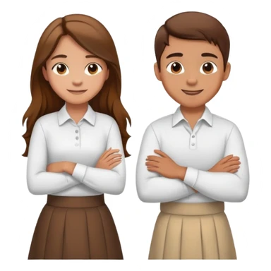 A boy in a white shirt and a girl with long hair in a skirt crossed their arms over their chests - with happy faces sticker