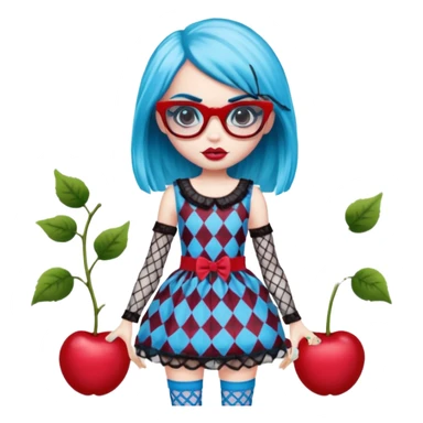 Ghoulia yelps monster high doll in scene/emo style cherry print dress with fishnet sleeves, clothes, thin, small, red, rectangle glasses sticker