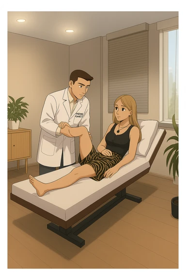 fai un webtoon/manga a colori con questo kinesiologo in camice bianco (fagli la scritta "ANTONIO ANANIA" SUL CAMICE) CHE SVOLGE UN TEST NEUROMUSCOLARE SOLLEVANDO UNA GAMBA ALLA RAGAZZA CHE è STESA SU UN LETTINO BIANCO. STANZA SEMPLICE E MODERNA, DURANTE IL TEST I DUE DIALOGANO TRA LORO. NON FARE I FUMETTI, FAI SOLO LORO COME SE DIALOGASSERO sticker