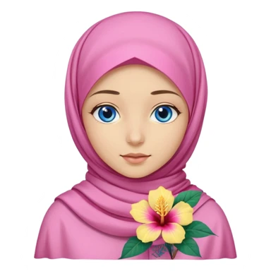 Turkish beautiful finish Konya girl blue eyes with pink yellow summer hijab islamic dress and had on her side part hijab hibiscus flower sticker