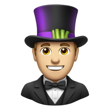 White man wearing a Top Hat with a purple band holding a leek sticker