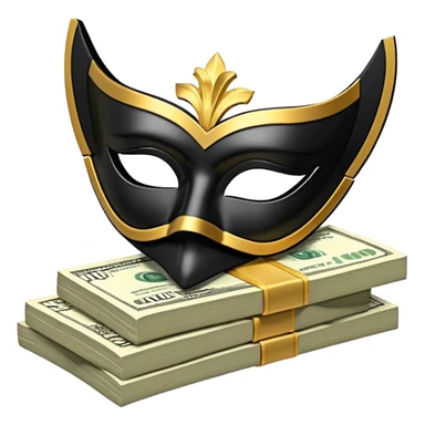 3D isometric icon, a sleek matt black Venetian mask with gold trim, resting on a single large stack of neatly bound US dollar bills, premium design, deep black background. sticker