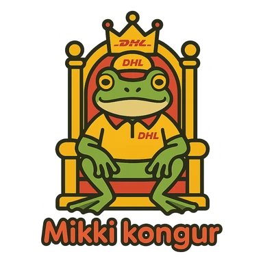 regal frog mascot in DHL Express uniform sitting on a throne with 'Mikki kongur' written in a fun rounded font, colorful outlined icon style sticker