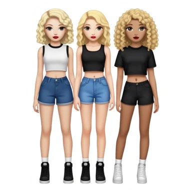 Full body of two teenage girls standing together, one white with straight blonde hair and one brown-skinned with curly dark hair, both with heavy makeup, big lips, crop tops and choni style clothing sticker