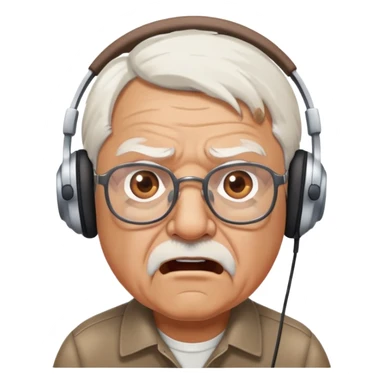 Brown old man with medium white hair, wearing glasses and headphones, looking surprised and angry, no facial hair, chubby, looking to the upper left corner sticker