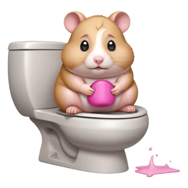 Cute chubby cartoon-style hamster sitting on toilet pooping looking as if he had an accident sticker
