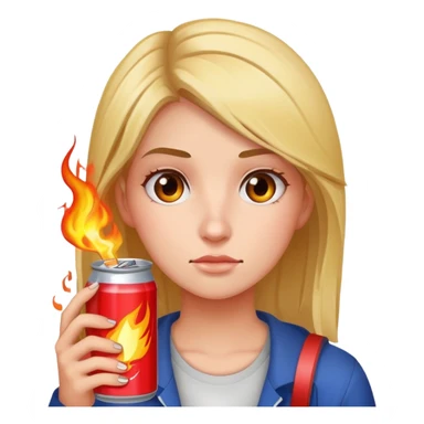 female student holding Burn energy drink can, tired face sticker