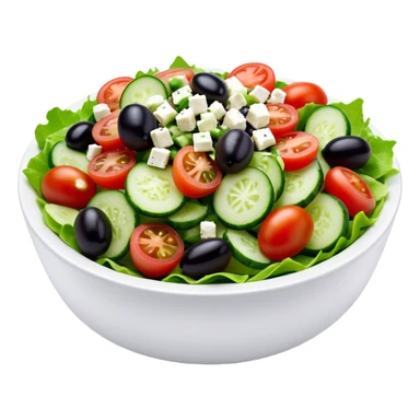Cinematic Realistic Greek Salad Dish Emoji, depicted with crisp lettuce, tomatoes, cucumbers, olives, and feta cheese rendered with vibrant textures and fresh, natural lighting. sticker