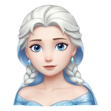 Cinematic Serene Snow Queen Portrait Emoji, rendered in a simplified vector style. Depict a gentle Elsa (chest and above) with delicate icy skin, softly cascading platinum hair, and calm, reflective blue eyes, dressed in her classic ice-blue gown. The image exudes a soft, luminous frosty radiance with high shine and a subtle glowing outline. sticker