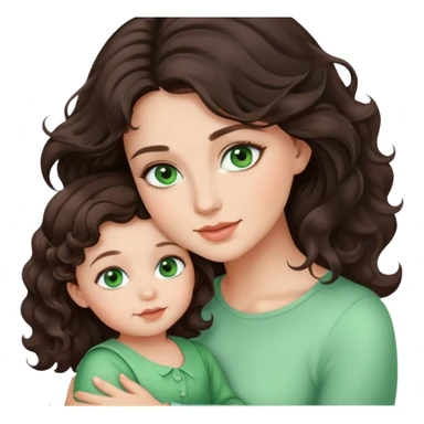 Beautiful girl with dark brown wavy hair and green eyes, holding toddler girl sticker
