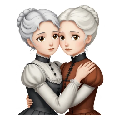 Two Victorian women with grey eyes in a sad, intimate hug. One has bright white coiffed hair, the other has dark copper coiffed hair. Both wearing Victorian high-neck dresses and embracing tightly. sticker