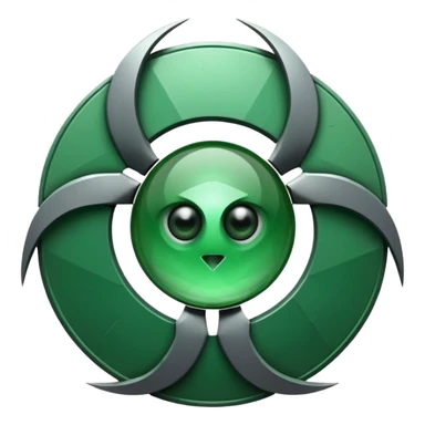 Minimalist emoji-style sticker of a fractured biohazard symbol with a small eye in the center. Stylized, geometric, no text.
 sticker
