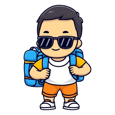Asian tourist with backpack taking photos, sunglasses sticker