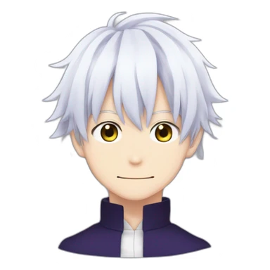 Satoru Gojo with his blue eyes,long medium white hair, a big friendly smile, dark violet uniform from jujutsu kaisen sticker