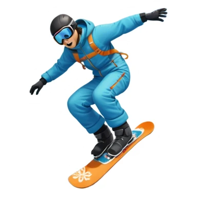 An icon featuring a snowboarder mid-jump, performing a stylish trick above a snowy mountain slope. The background showcases powdery snow, evergreen trees, and a bright blue sky. Transparent background captures the energy, skill, and thrill of snowboarding. sticker