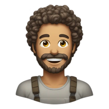A man with a chin beard' face and curly hair with a piece of asado out of his mouth sticker
