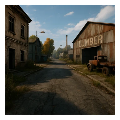 a view of the city street in a videogame: DayZ - in the town of berezio "lumber" [no text contained in the image] sticker